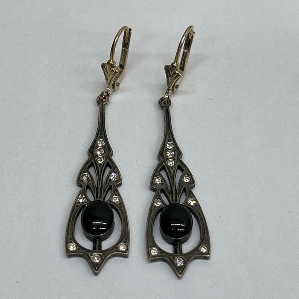 Art Deco Dangle Pierced Earrings Vtg Sterling Silver Black Onyx & Marcasite
